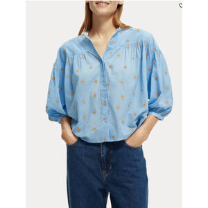 Scotch Soda Womens Blue Gathered 3/4 Sleeve Embroidered Top Size Medium NWT